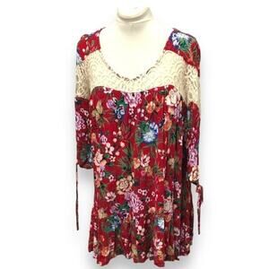 Umgee Women’s 3/4 Sleeve Lace Inset Bodice Babydoll Dress, Red, Size L